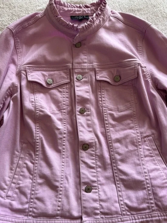 Talbots Pink Ruffle-Neck Denim Jacket - Picture 4 of 10